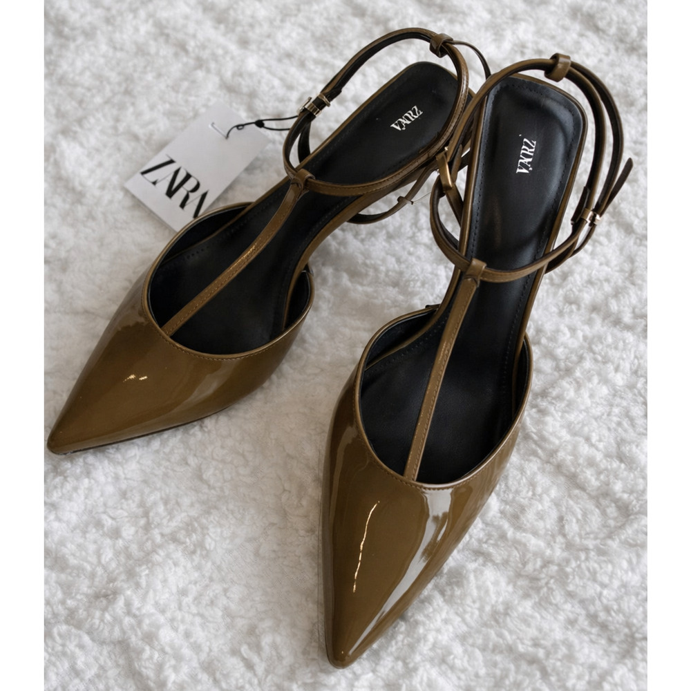 Zara Olive Green Pointed Toe T-Strap Slingback Heels NWT - Picture 7 of 16